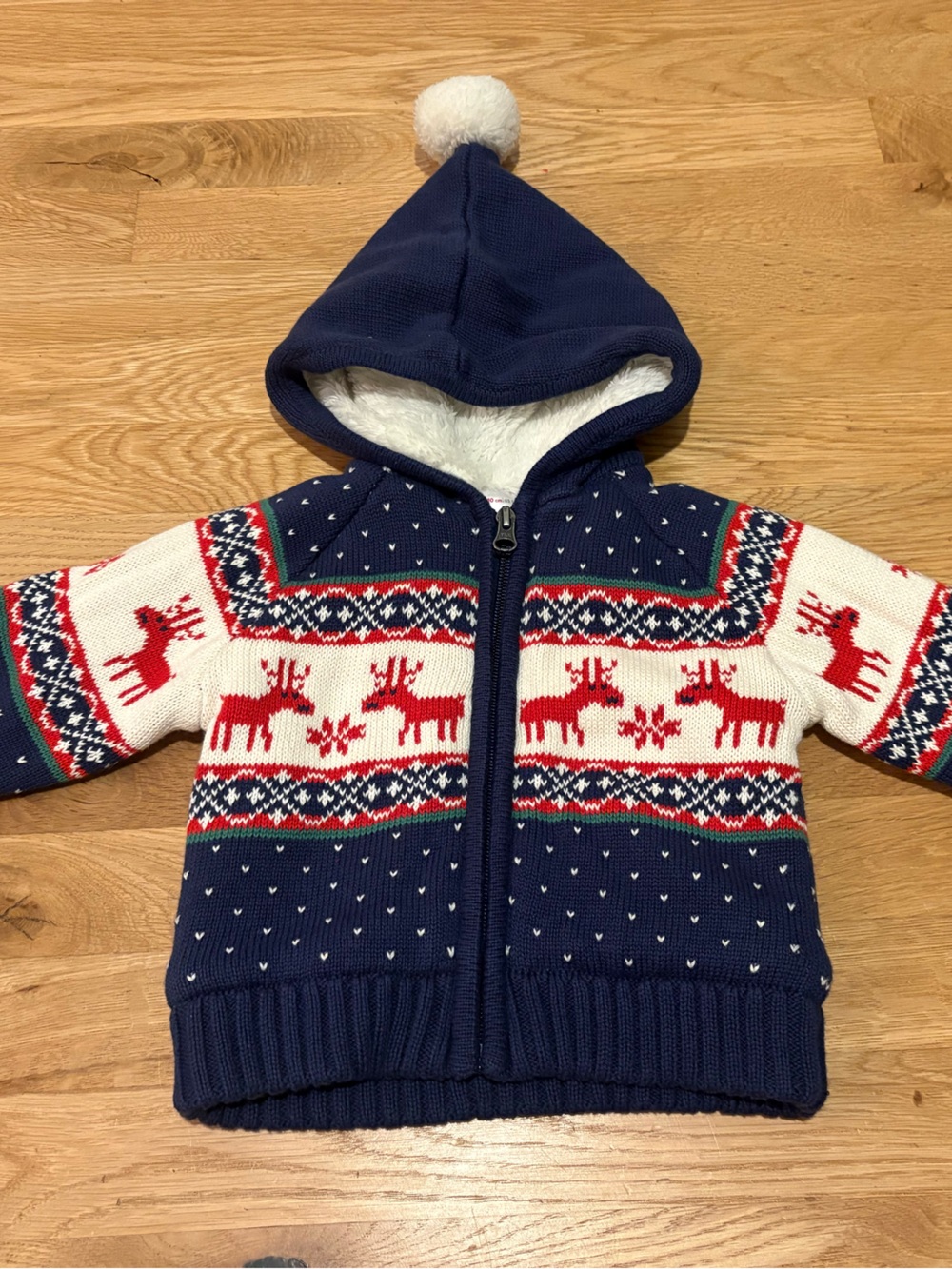Hanna Andersson Baby Holiday Sweater Jacket in “Dear Deer”